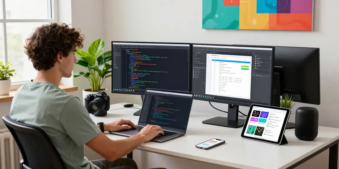 Engaging software development workspace at teiegramin.com with developer coding, tech gadgets, and a modern office setup.