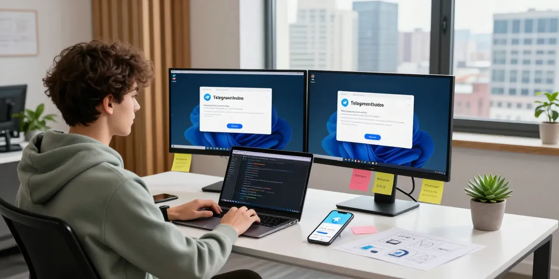 telegram chinese safe download in a modern tech workspace with developer and coding setup