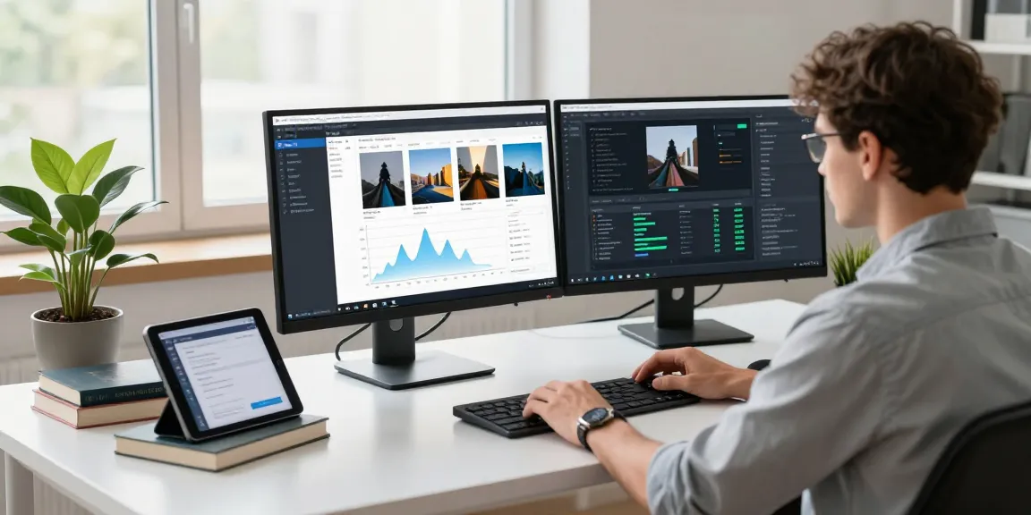 AI image detector analysis in a modern workspace with dynamic data display and engaging atmosphere.