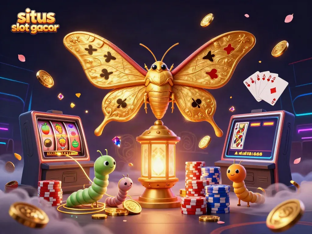 Engage with situs slot gacor through vibrant 3D casino imagery featuring majestic moths and dynamic game elements.