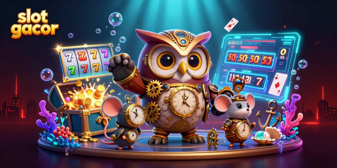 Experience slot gacor gameplay with cartoon characters, spinning reels, and winning symbols in a vibrant casino scene.