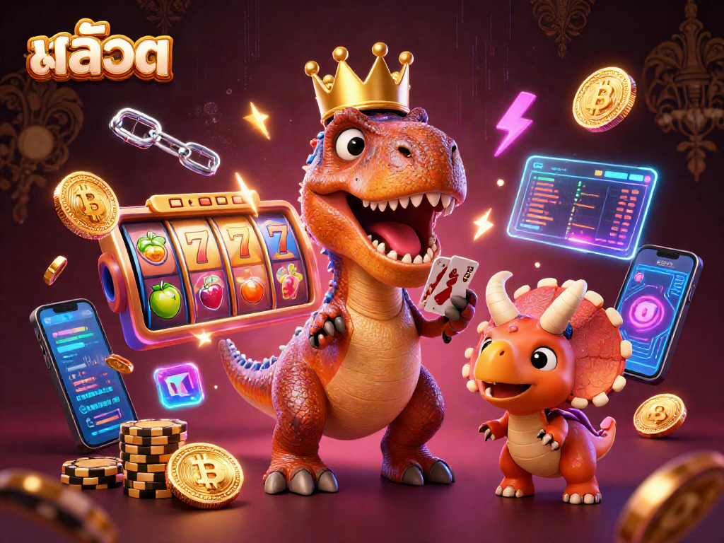 Engage with สล็อต through a vibrant scene of a T-Rex, pterodactyl, and triceratops in a casino atmosphere.