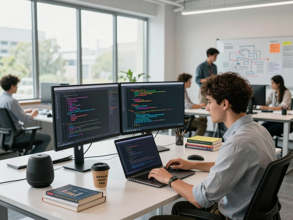Developer coding AI projects in a modern office with dual monitors showing algorithms and collaborative workspace elements, embodying the ai gf concept.