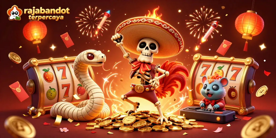 Engage with rajabandot terpercaya through lively casino artwork featuring animated characters celebrating on golden coins.