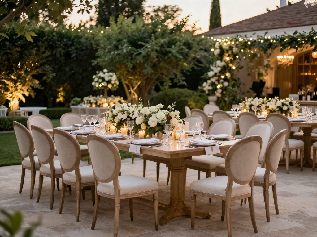 Event furniture rental for a sophisticated wedding setup with elegant chairs and floral centerpieces in a picturesque garden.