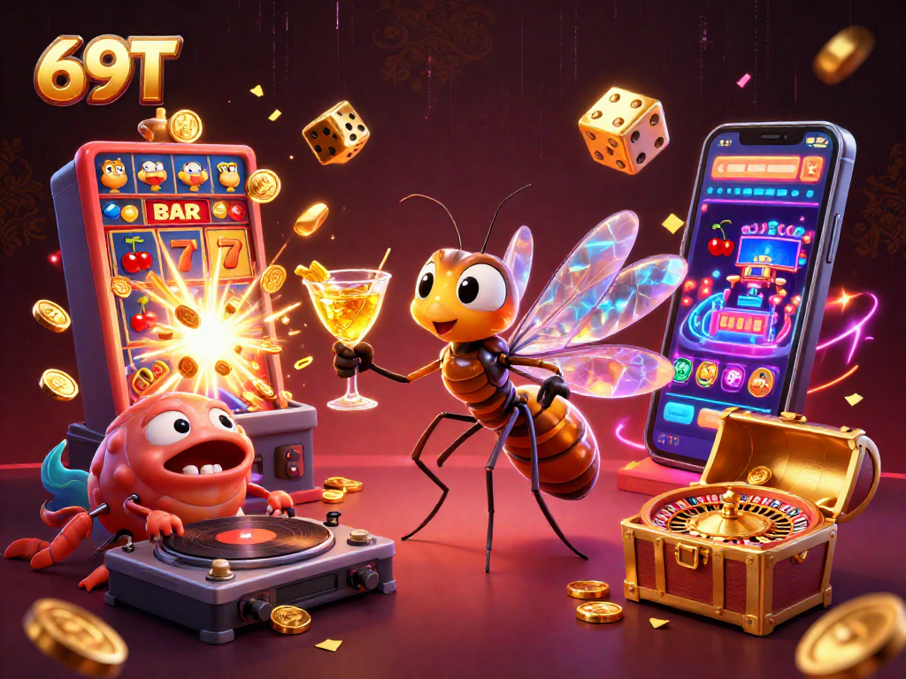 Interaja com 69T em uma cena animada com um mosquito em âmbar e um DJ trilobite.