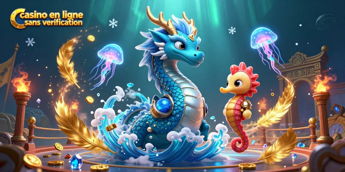 Plongez dans l'univers d'un casino en ligne sans vérification, avec un dragon et un chevalier sous-marin entourés de pièces d'or brillantes.