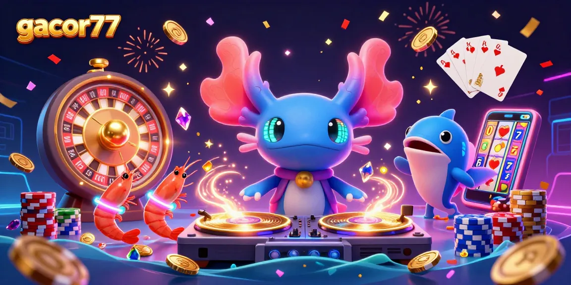 Menangkan pengalaman bermain gacor77 dengan ilustrasi karakter kartun neon dan elemen kasino yang meriah.