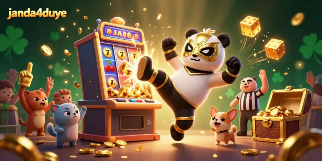 Janda4duye menampilkan ilustrasi 3D detail dengan panda gulat dan chihuahua wasit dalam suasana kasino yang meriah.