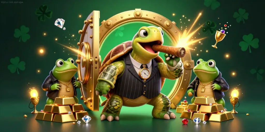 90phut link mới nhất illuminated in a rich casino scene featuring a snapping turtle mobster and bullfrog enforcers.