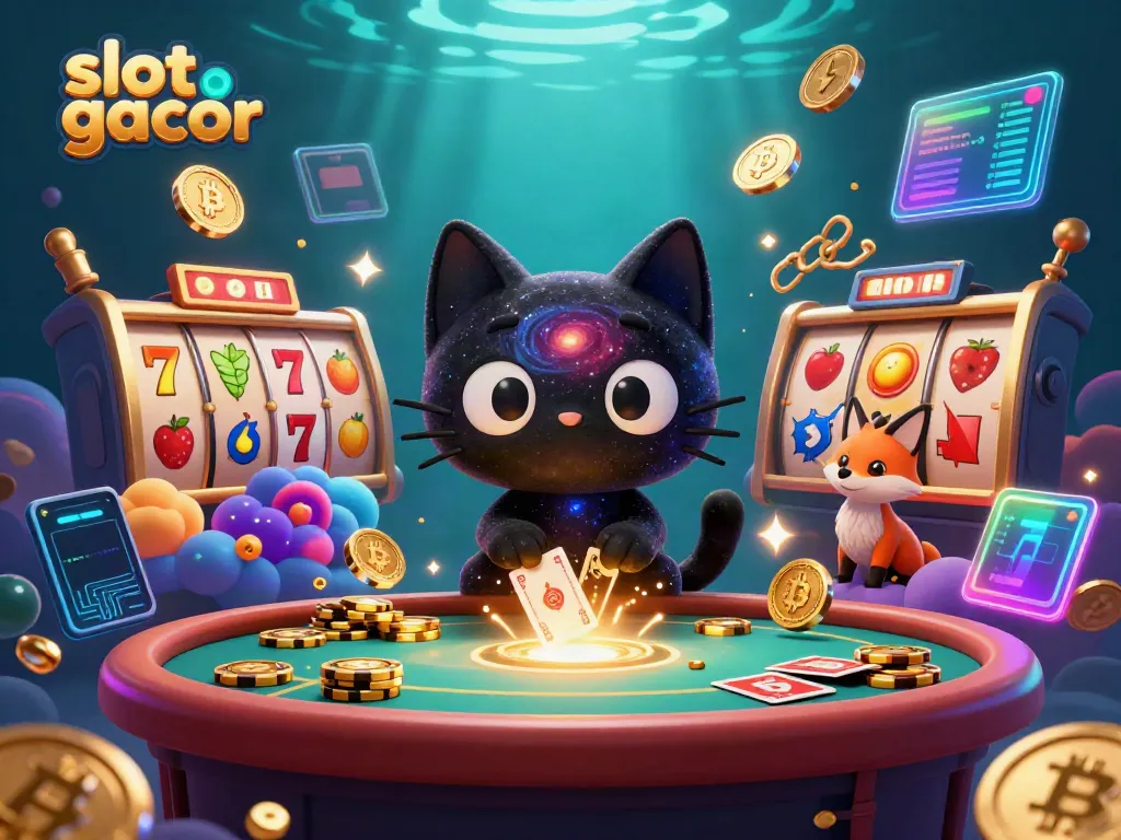 Experience slot gacor excitement with a captivating casino scene featuring cheerful characters, vibrant slot reels, and glowing crypto elements.
