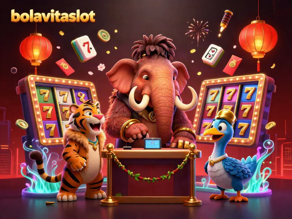 Experience the thrilling world of bolavitaslot with a vibrant scene of a woolly mammoth bouncer and a saber-tooth tiger VIP.