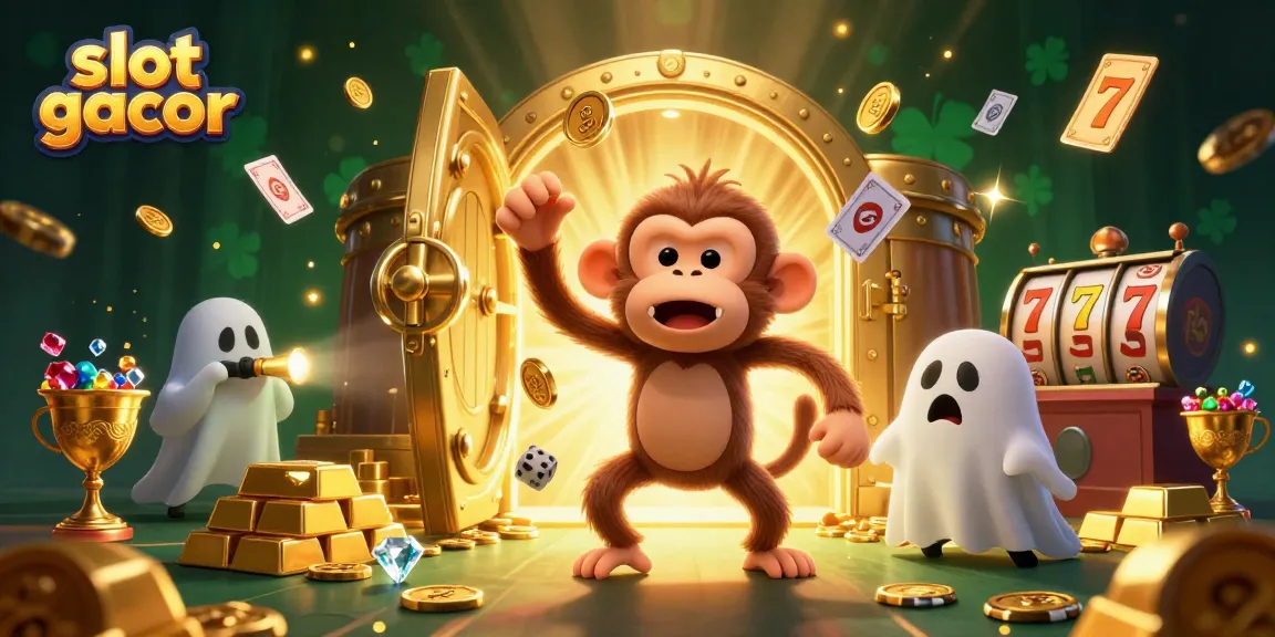 Experience slot gacor action in this dynamic illustration with a playful monkey and inquisitive puppy amidst a treasure-filled casino.