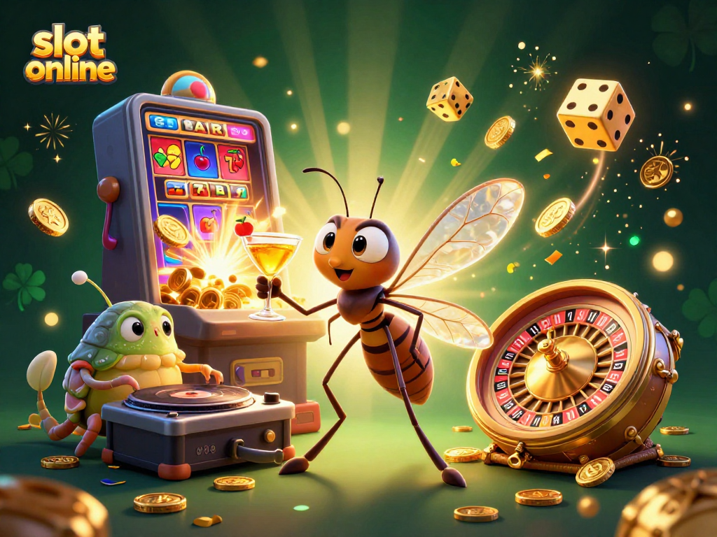 Experience thrilling slot online action with a vibrant 3D illustration of a lively casino scene.
