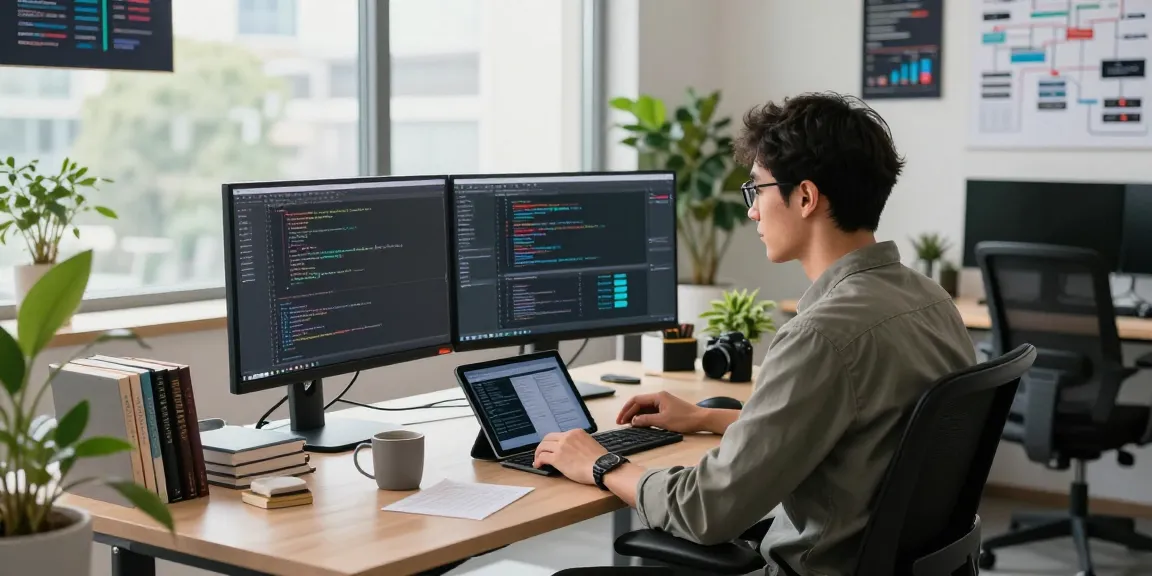 Developer coding at a multi-screen setup in a modern workspace featuring telegraimin.com elements.