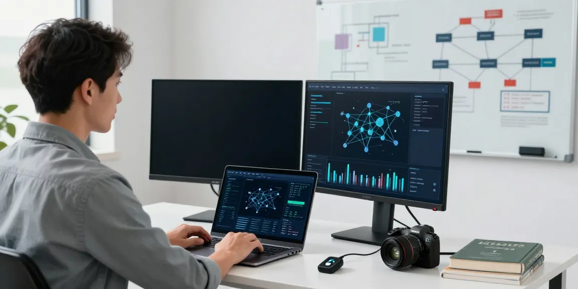 IoT security monitoring workspace showcasing a professional analyzing security threats on multiple screens in a modern tech environment.