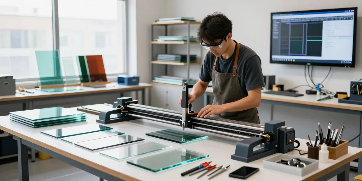 Technician at a glass cutting table ensuring precision cuts in a modern glass workshop.
