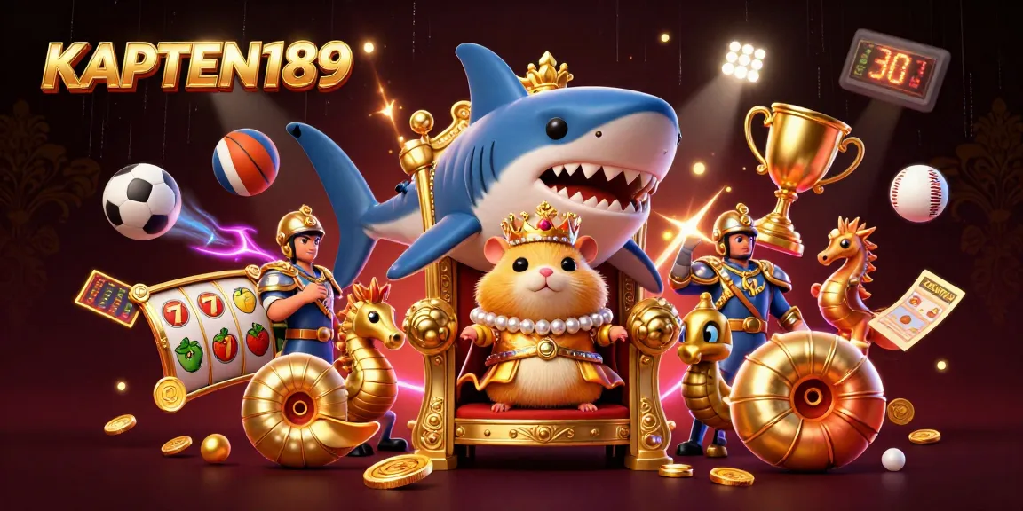 KAPTEN189 membuka peluang kemenangan dengan simbol slot dan raja hamster unik dalam ilustrasi 3D dinamis.