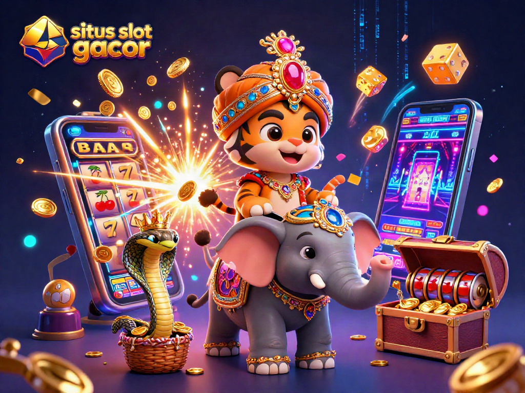 Experience thrilling wins with situs slot gacor in a vibrant casino scene featuring a maharaja tiger and slot machines.
