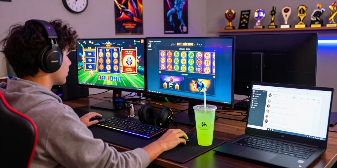 Engaged gamer exploring link raja328 on multiple screens showcasing vibrant gaming options in an immersive online betting setup.