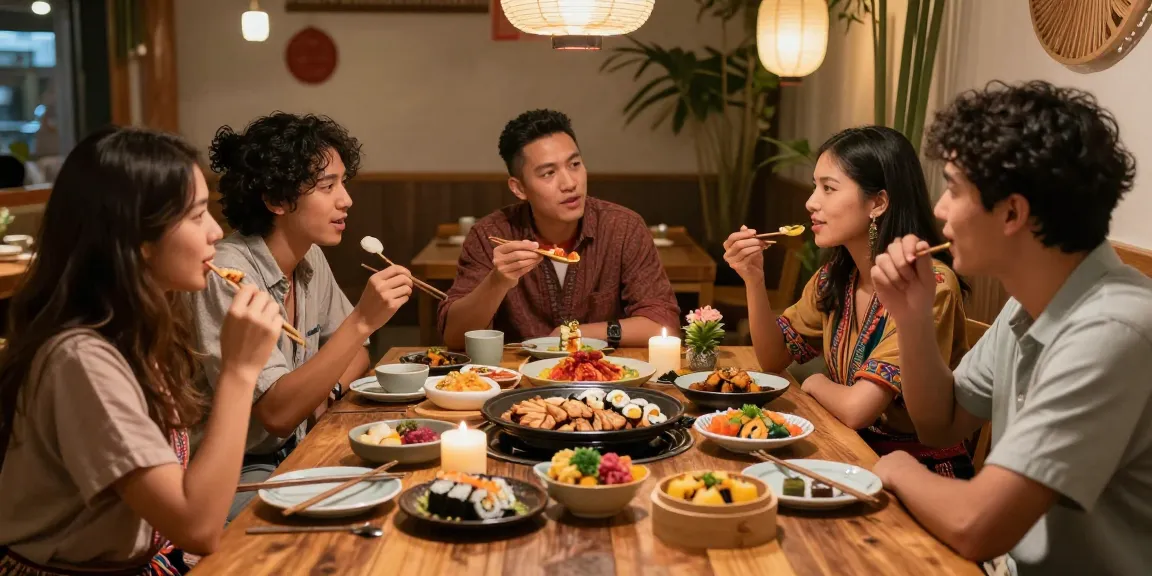 A lively cultural exchange scene at https://hanadultalk.com featuring friends enjoying Asian cuisine in a cozy café.