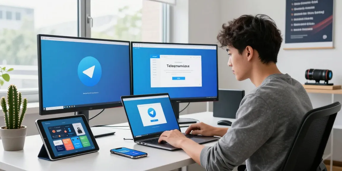 Downloading telegram chinese safe download on laptop in modern office with multiple screens.