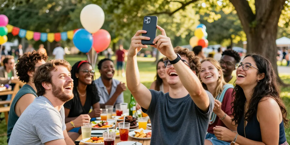 Friends enjoying a sunny picnic while using the "how old do I look" app to estimate their ages.