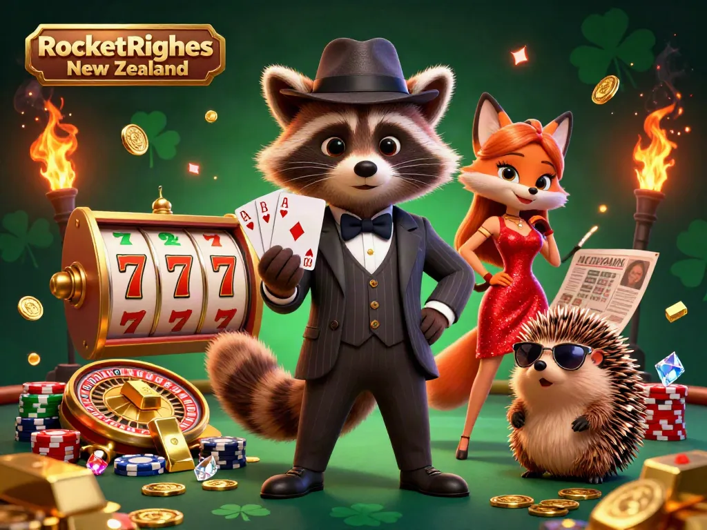 Engage in thrilling gameplay at RocketRiches New Zealand with a raccoon holding a royal flush amidst piles of gold and slots.