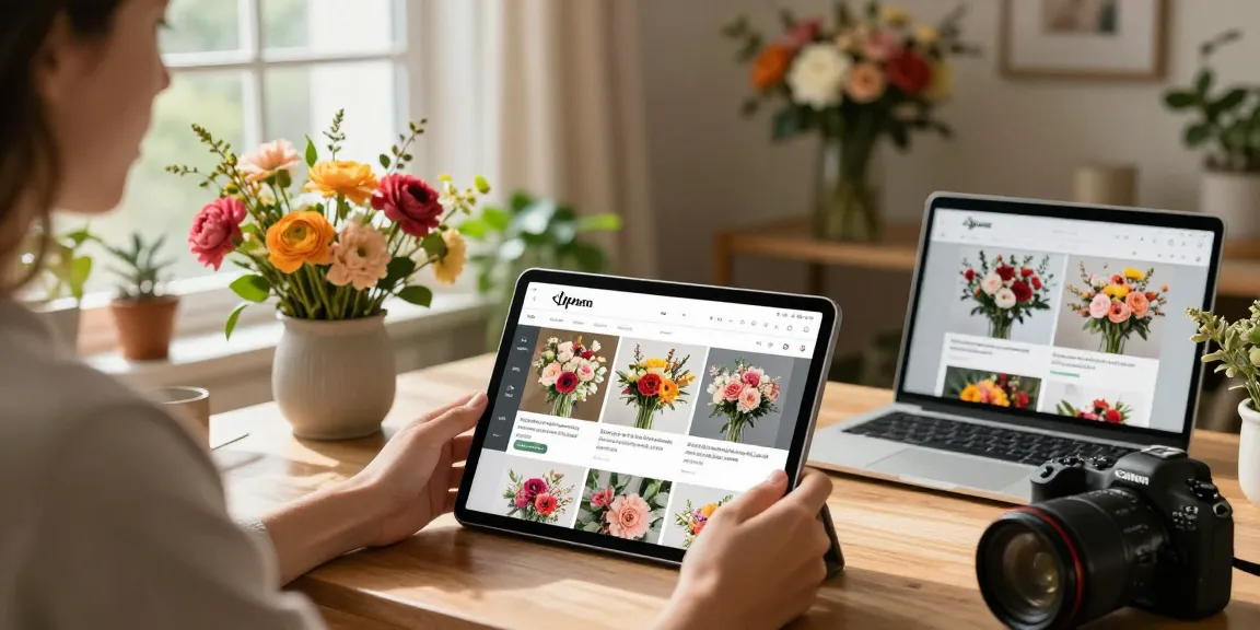 Online shopping experience for floral courses at MODALWD with vibrant arrangements and a cozy setup.