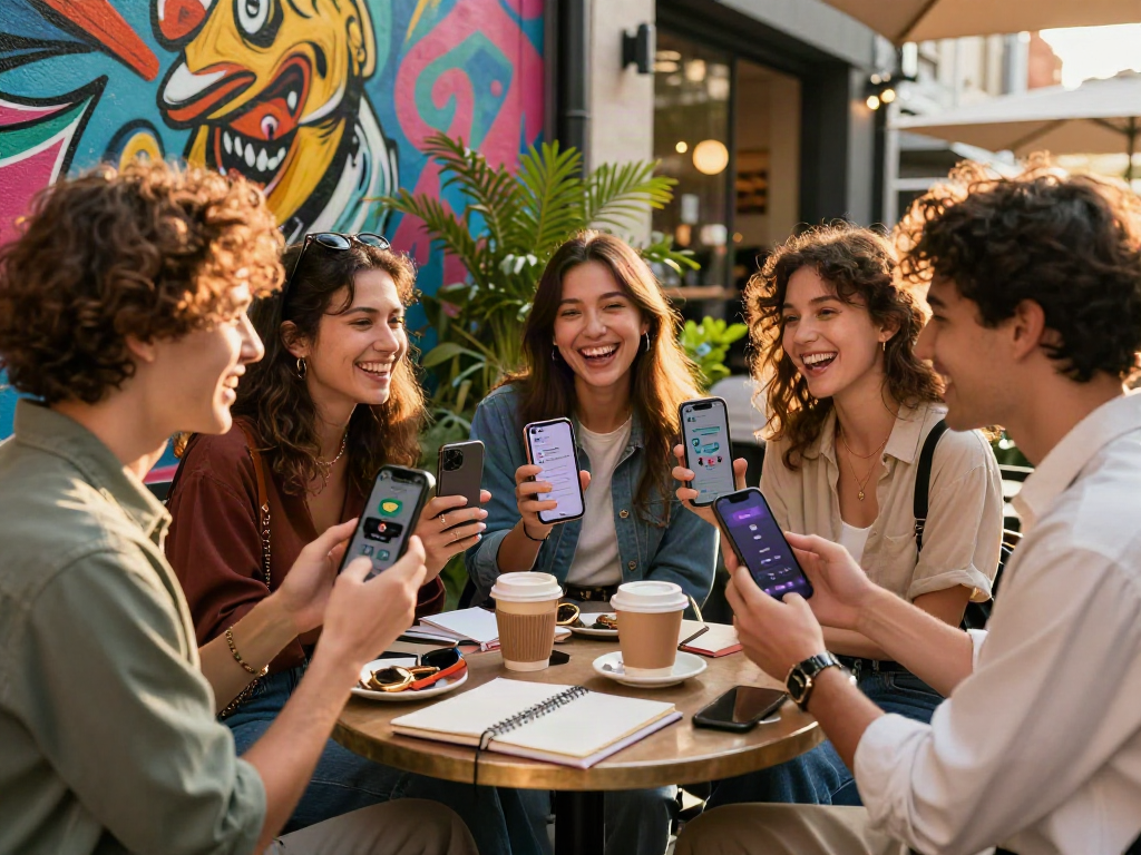 Friends discussing attractiveness test results in a vibrant urban café.