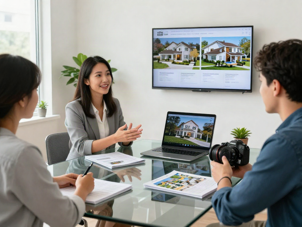 Engaging real estate meeting discussing slot 10k property features with buyers.