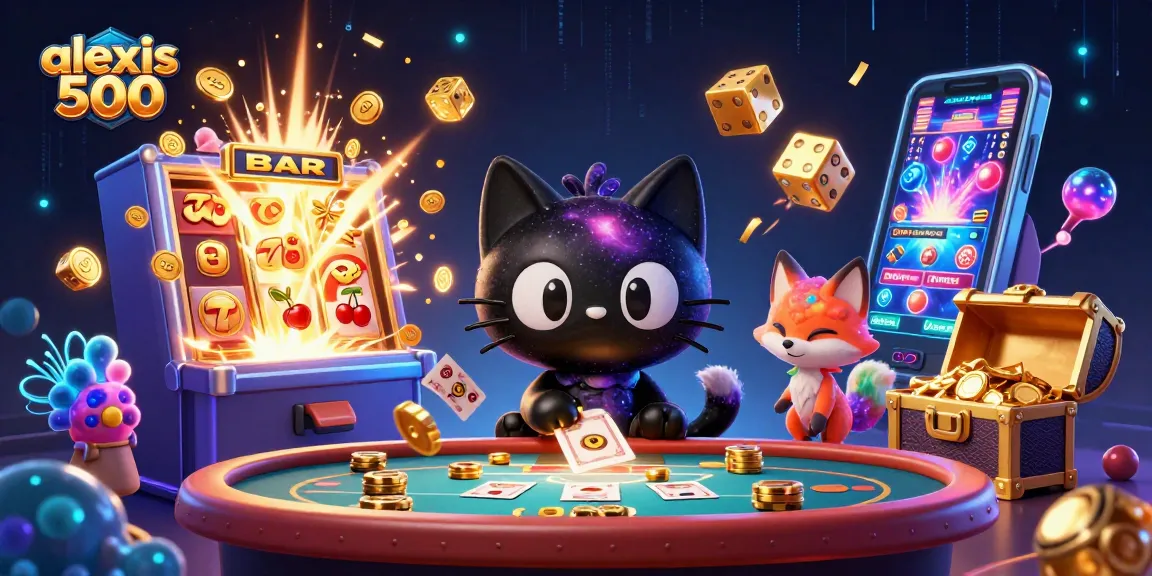 Engage with alexis 500 in a vibrant cosmic casino scene featuring a black hole cat and colorful elements.