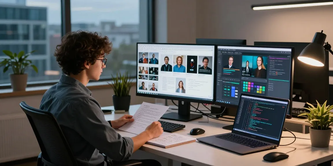 AI detector analysis in a modern workspace with multiple screens showing content categories for effective moderation.