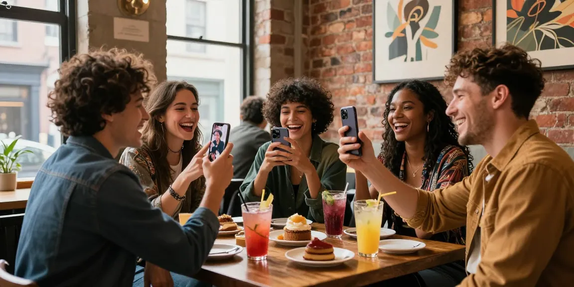 Group of friends comparing their celebrity look alike results at an urban café, showcasing joyful moments.