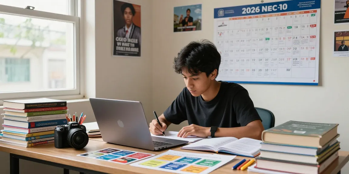 Student focusing on the 2026 neco timetable while studying in a bright home study, surrounded by textbooks and stationery.