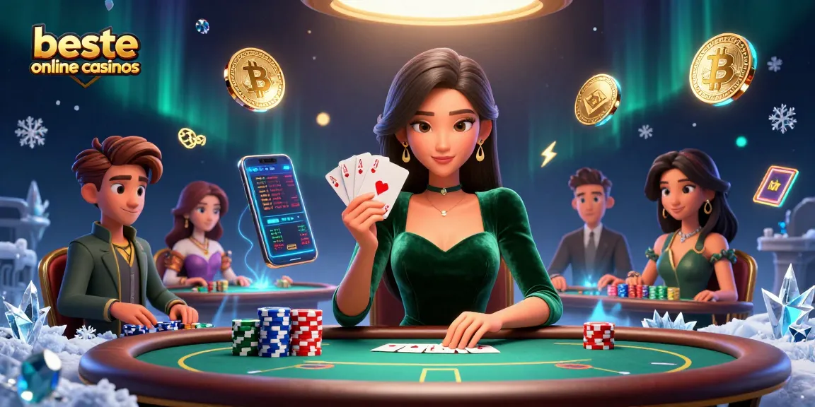 Experience the thrill in the beste online casinos with a strategic poker scene featuring glamorous players and crypto elements.