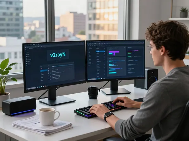 Setting up v2rayN官网 software on dual monitors, modern tech workspace with vibrant RGB lighting.