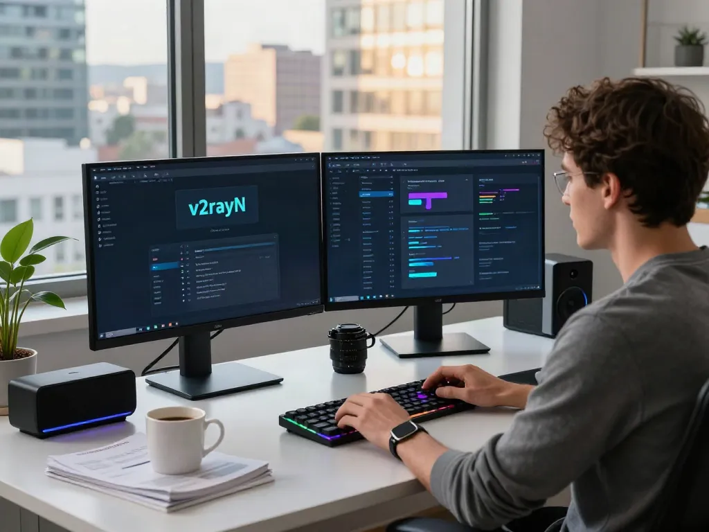 Setting up v2rayN官网 software on dual monitors, modern tech workspace with vibrant RGB lighting.