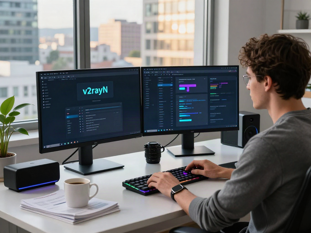Setting up v2rayN官网 software on dual monitors, modern tech workspace with vibrant RGB lighting.