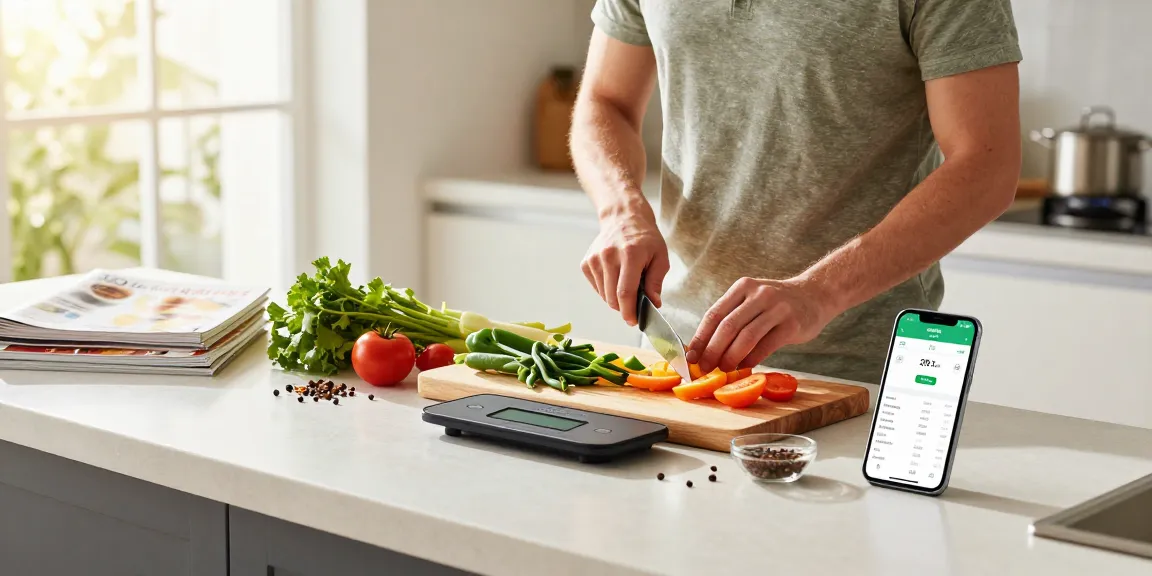 Health-conscious individual using the best calorie tracker app while preparing a nutritious meal in a bright kitchen.