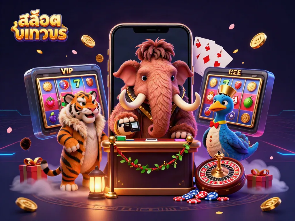 Engage with สล็อตทดลอง through an exciting 3D illustration of a woolly mammoth bouncer, a saber-tooth VIP, and a dodo bird doorman amidst vibrant casino elements.