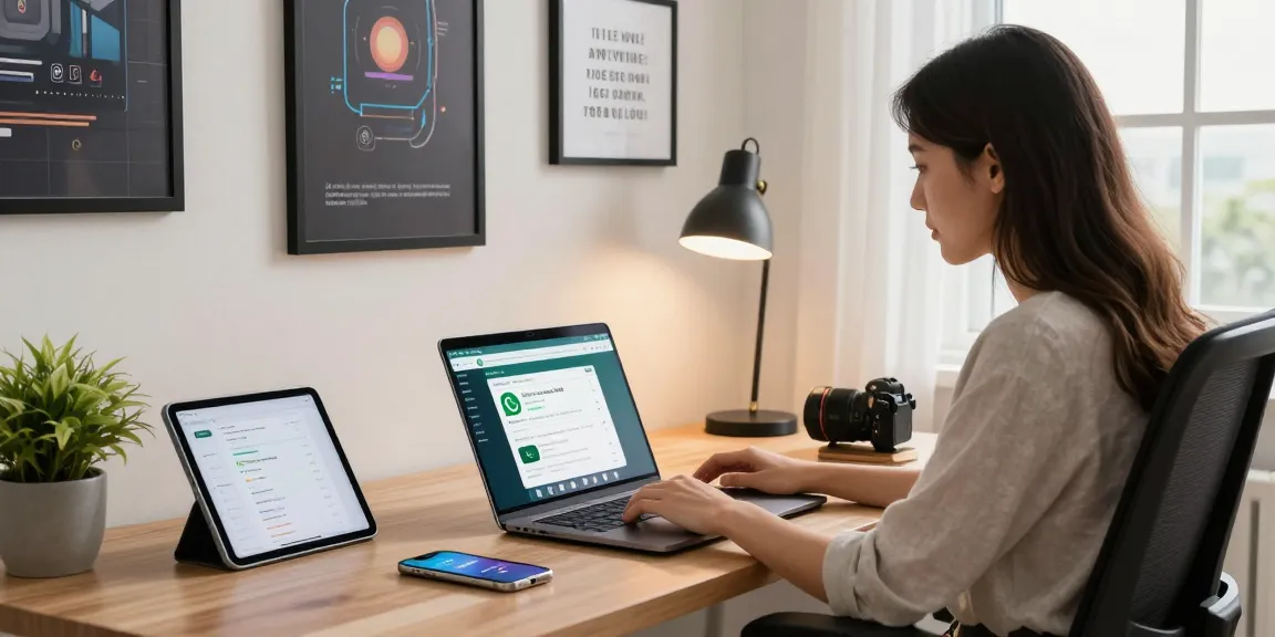Young woman accessing WhatsApp網頁版 on a laptop in a tech-savvy workspace, highlighting modern communication tools.