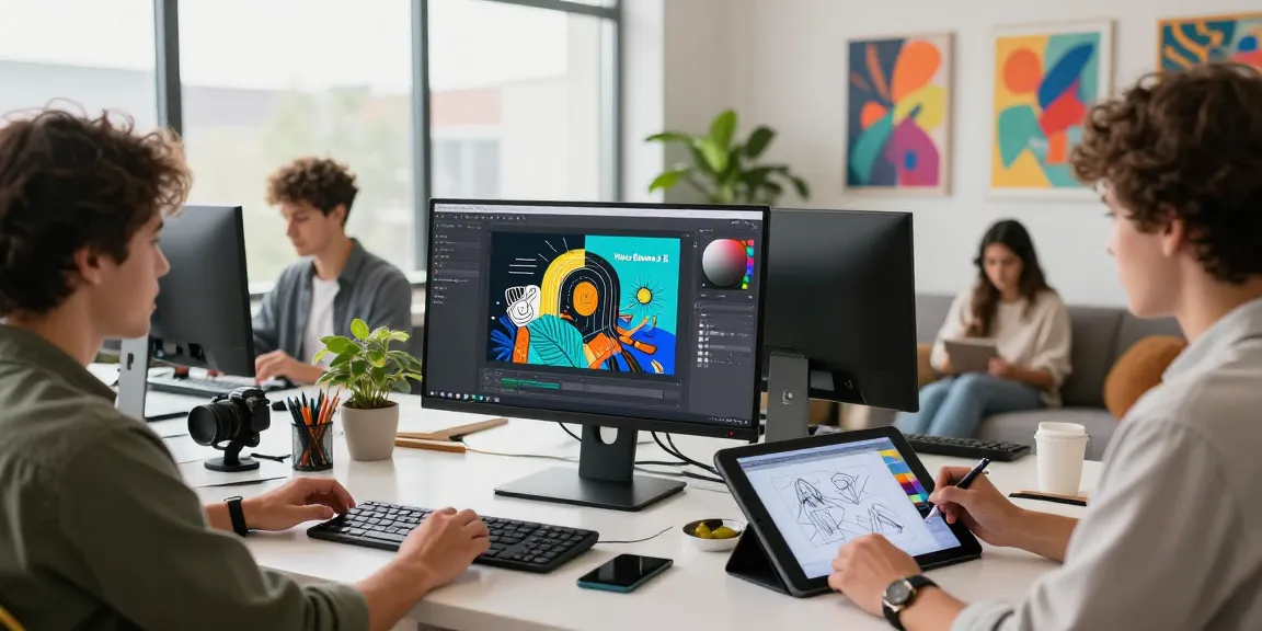Artists using Nano Banana 2 AI image editor in a vibrant creative workspace.