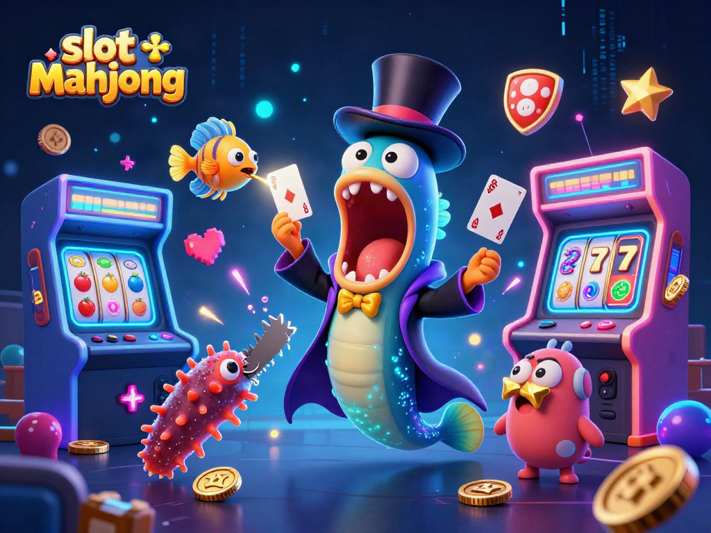Slot mahjong magic performance by bioluminescent sea creatures in an arcade setting.