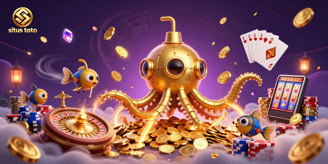 situs toto showcases a vibrant scene with a golden kraken submarine and casino elements, creating excitement.