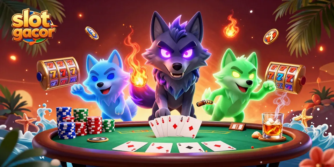Experience the thrill of slot gacor with energetic wolf characters beside a vibrant casino scene.