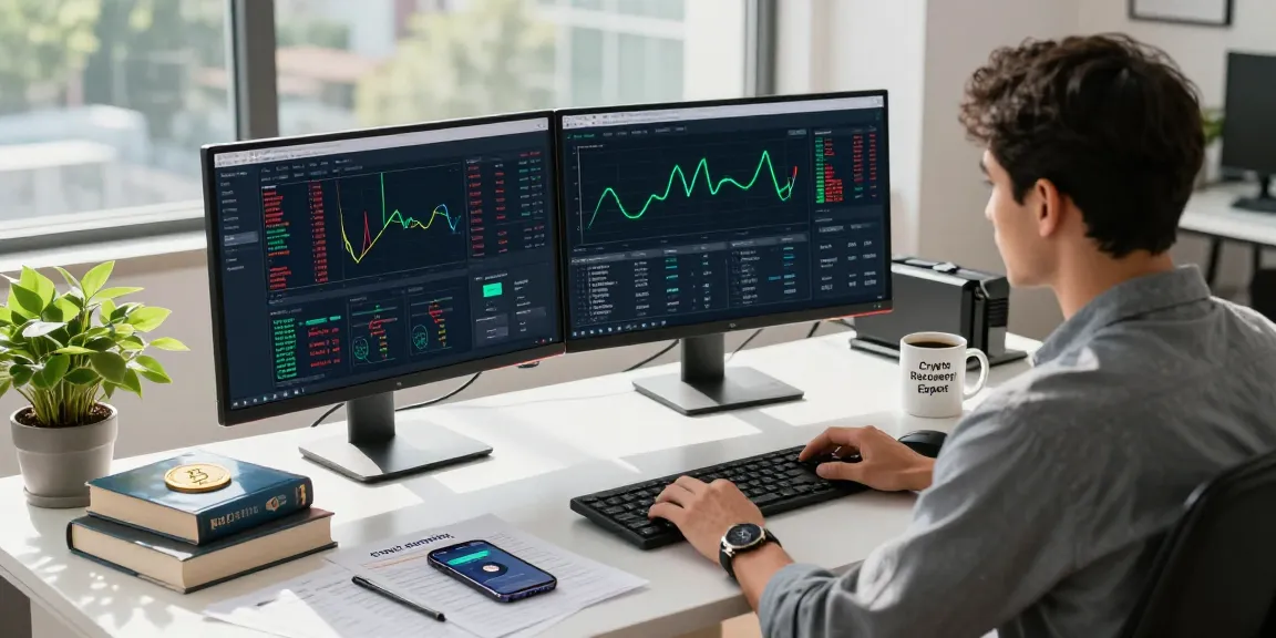 Recover lost crypto with expert in a modern office analyzing blockchain recovery strategies.