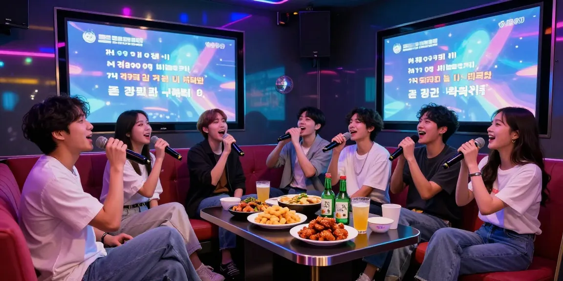 Friends enjoying a karaoke session in a vibrant 강남노래방 filled with colorful lights and energy.