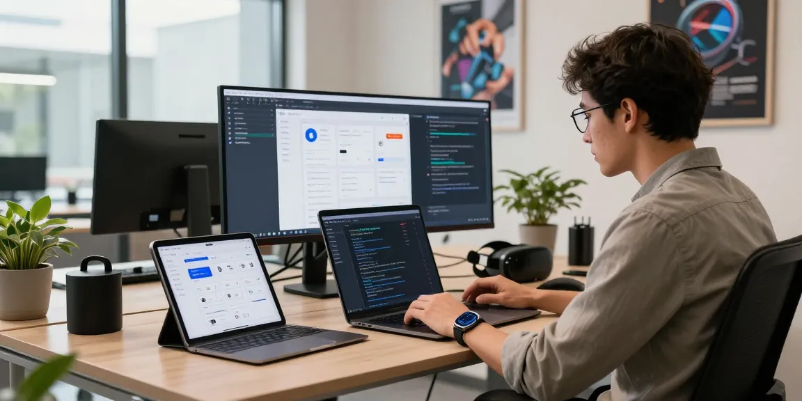Mobile app development services in a dynamic tech office with a developer coding on a laptop.