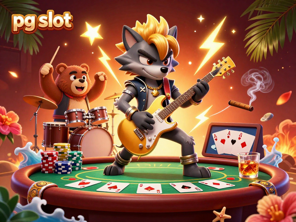 Play pg slot with 3D cartoon characters on stage, featuring poker elements and vibrant effects.